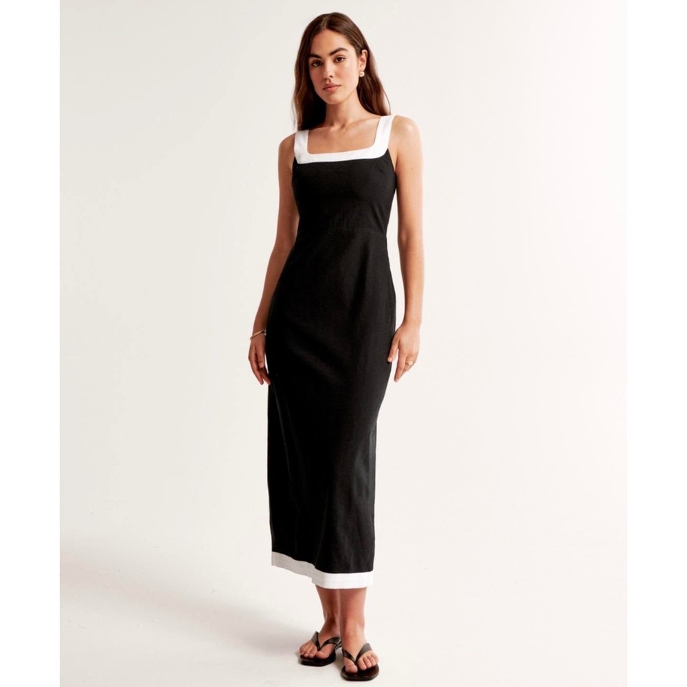 Abercrombie & Fitch Black Linen Blend Contrast Trim Square Neck Midi Dress S